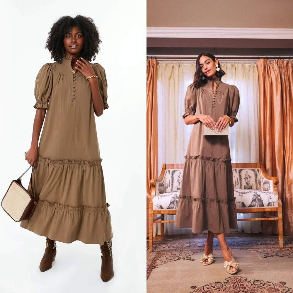 Pomander Place Selena Poplin Maxi Dress Chestnut Brown Ruffle Collar M